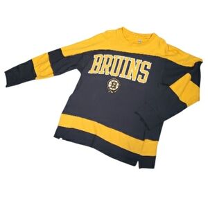 NHL Official Bruins Crewneck Rugby Long Sleeve Black Gold Applique Short FanTee